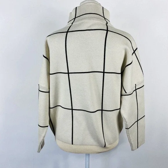 Chicwish Wool Blend Long Sleeve Grid Windowpane Turtleneck Sweater Cream Black - Picture 5 of 6